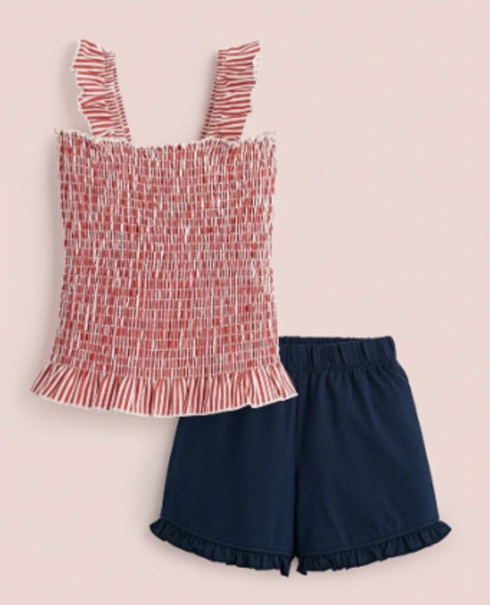 Monica + Andy Smocked Top + Ruffle Short Red Stripes